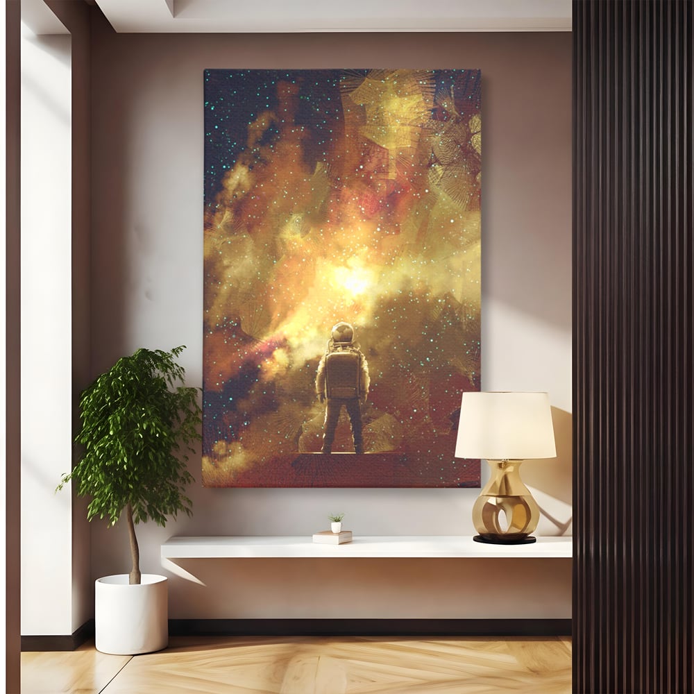 Tablou canvas cu ilustratie cu astronaut privind stelele, fara rama, pe sasiu de lemn